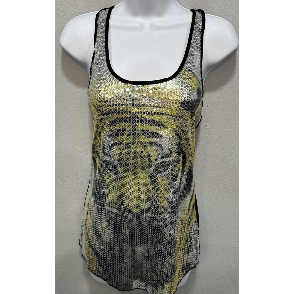 Y2K Forever 21 Sequin Tiger Tank Top Women's Small Black Silver Gold Pull On NWT